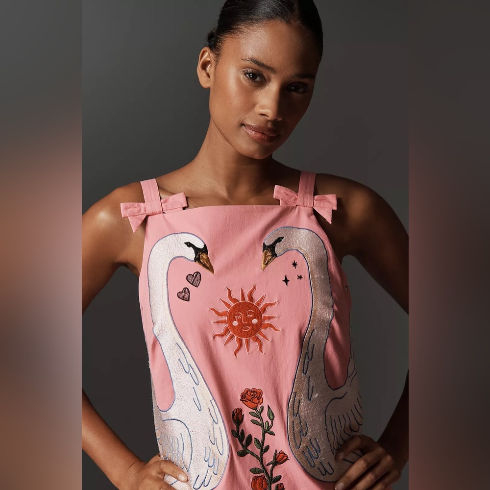 New Anthropologie Maeve pink swan embroidered mini shift dress - Picture 5 of 11